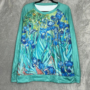 Amazon 2X Shirt Top Green Blue Floral Flower Long Sleeve Scoop Neck Knit Womens